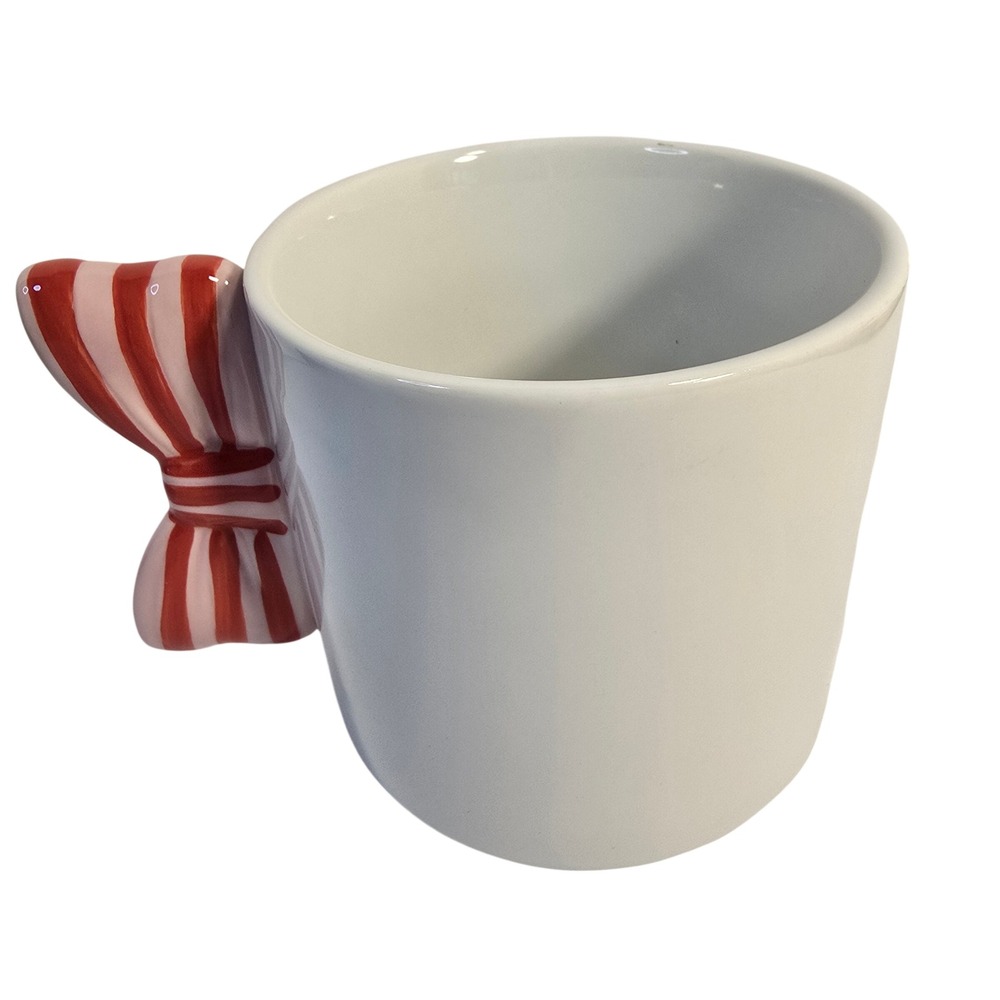 Spritz Red White Striped Bow Handle Stoneware Coffee Mug White Ceramic Cup - Picture 7 of 9